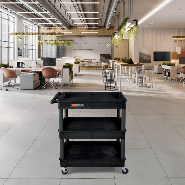 Luxor ENDURA XL 34" H Three-Shelf Utility Cart, 32" W x 24" D, Black, Tub Shelves with 3 Shelves