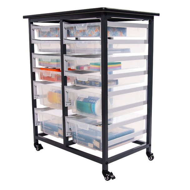 Luxor Mobile Bin Storage Unit - Double Row with Large and Small Clear Bins 30.75x20x37.5 in