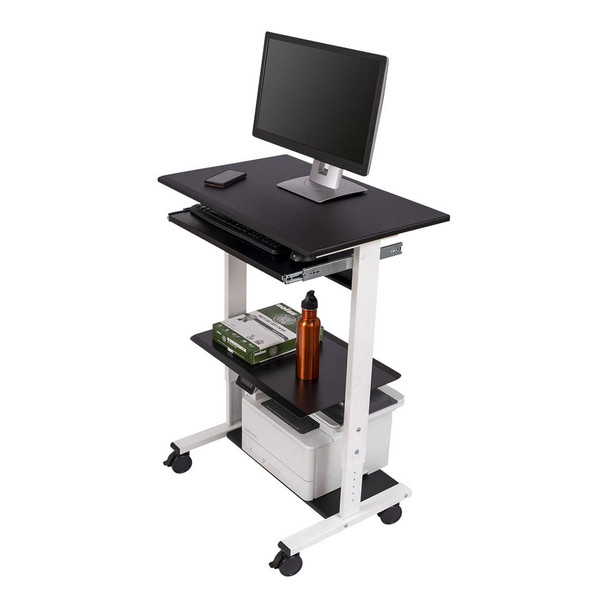 Luxor Mobile Height Adjustable Workstation with Keyboard Tray and Storage Shelves Steel Build