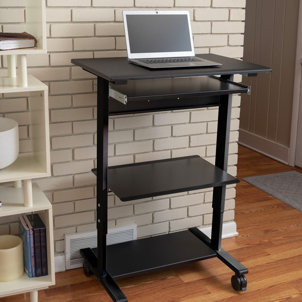 Luxor Mobile Height Adjustable Workstation with Keyboard Tray and Storage Shelves Steel Build