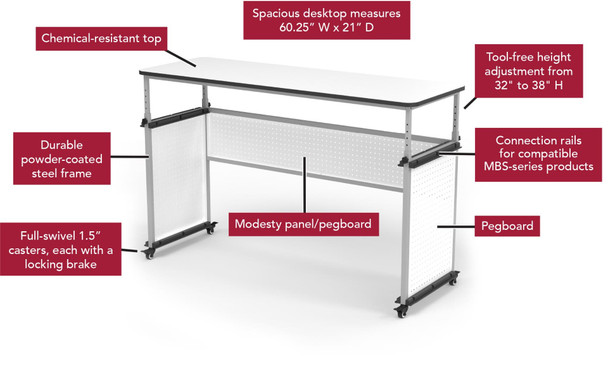 Luxor Mobile Modular Height Adjustable Teacher Standing Desk, 60.25" W x 21" D x 32" - 38" H, Silver/White