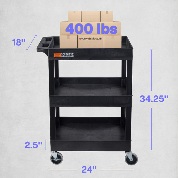 Luxor TUFFY 34" H Three-Shelf Multi-Purpose Utility Cart, 24" W x 18" D 24x18x34 in 300 lbs. Capacity