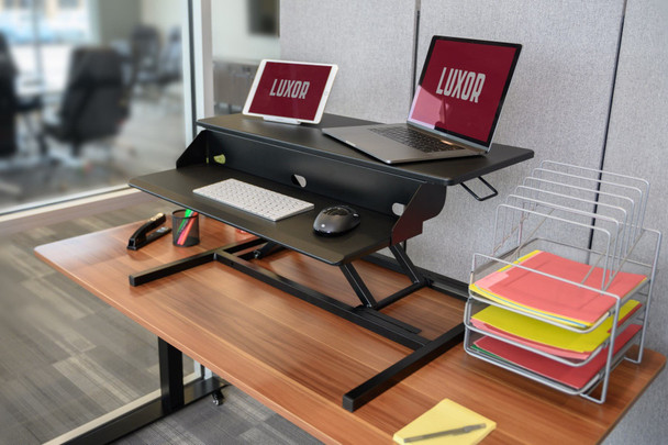 Luxor Pneumatic Height Adjustable 2-Tier Standing Desk Converter 35 lbs Capacity Commercial Grade Build