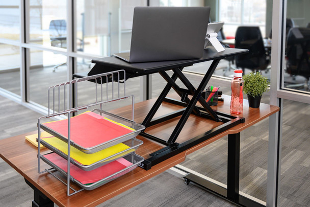 Luxor Pneumatic Height Adjustable 2-Tier Standing Desk Converter 35 lbs Capacity Commercial Grade Build