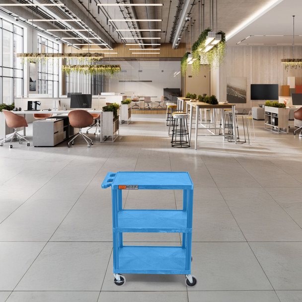 Luxor ENDURA 34" H Three-Shelf Utility Cart, 24" W x 18" D, Blue, Flat Shelves 24x18x34 in