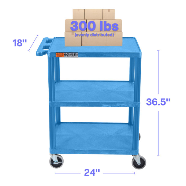 Luxor ENDURA 34" H Three-Shelf Utility Cart, 24" W x 18" D, Blue, Flat Shelves 24x18x34 in