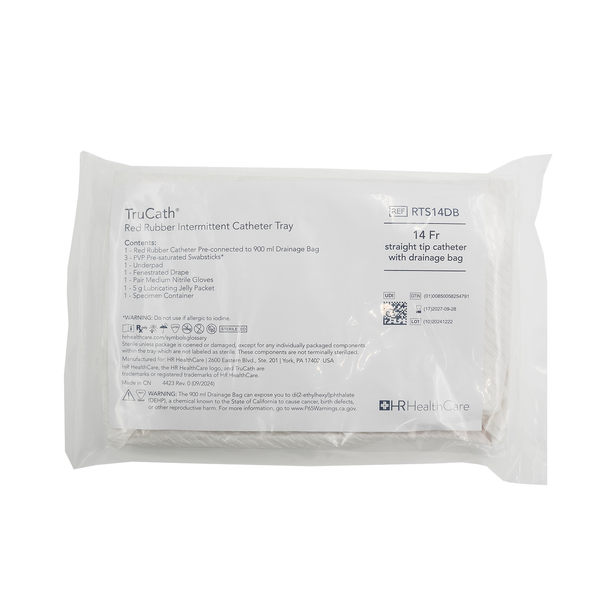HR Healthcare TruCath Red Rubber Intermittent Catheter Trays - CSR Wrapped 14 Fr Trays with Prep Supplies