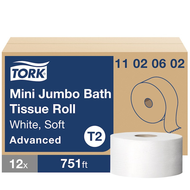Tork Advanced Soft Mini Jumbo Bath Tissue Roll - 12 Rolls per Case, 1075 Sheets per Roll, Advanced Quality