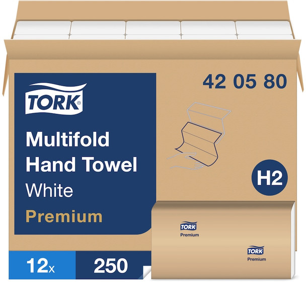 Tork Multifold Hand Towel White H2 - 12 Packs per Case, 250 Sheets per Pack, Premium Quality
