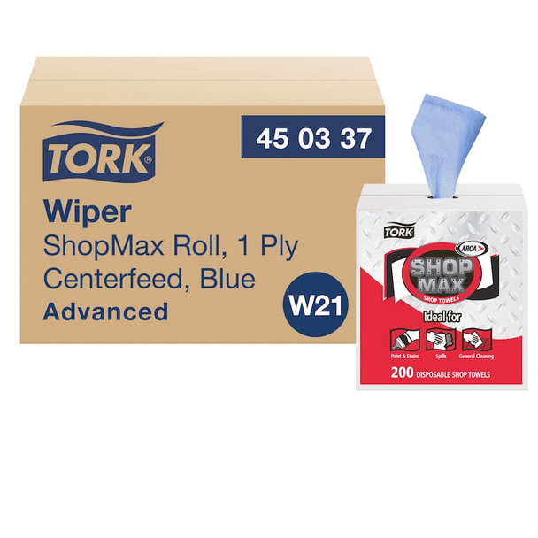 Tork ShopMax Heavy Duty Centerfeed Paper Towel Blue Self Dispensing - 4 Boxes per Case, 200 Sheets per Box