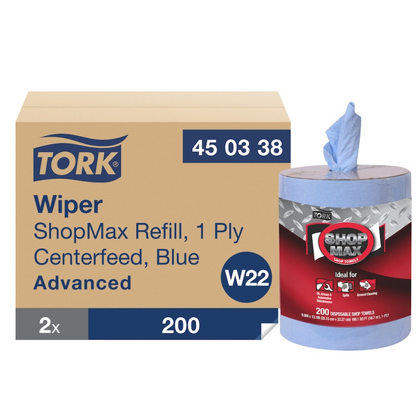 Tork ShopMax Heavy Duty Centerfeed Paper Towel Blue W22 - 2 Rolls per Case, 200 Sheets per Roll
