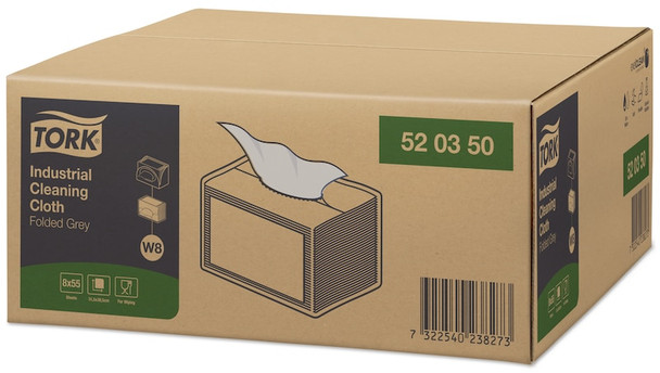 Tork Folded Industrial Cleaning Cloth Gray W8 - 8 Packs per Case, 55 Sheets per Pack, Wipers small pack