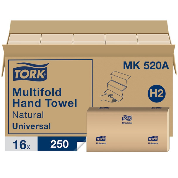 Tork Multifold Hand Towel Natural H2 - 16 Packs per Case, 250 Sheets per Pack, Universal Quality
