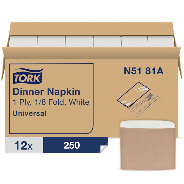 Tork White Dinner Napkin - 12 Packs per Case, Universal Quality, 1-Ply, Genuine Tork, by Essity
