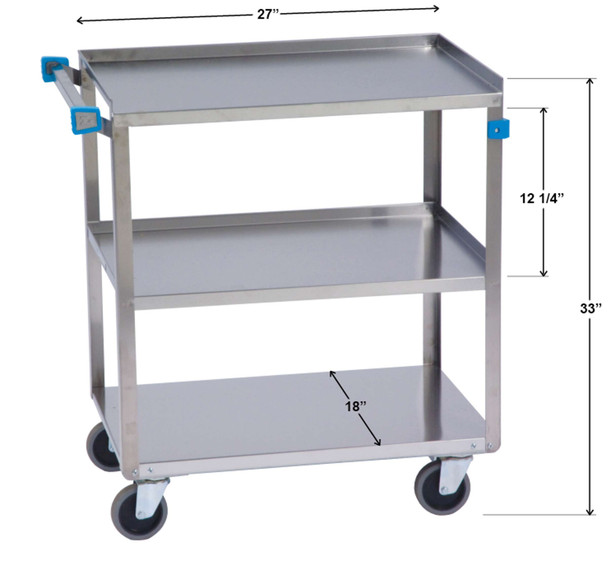 Lakeside Stainless Steel Utility Cart with 18 x 27 in Shelves, 30-3/4 x 18-3/8 x 33 in Overall
