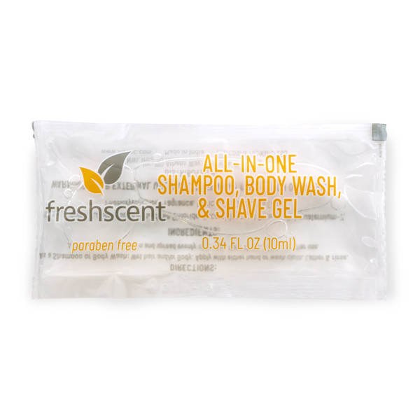 New World Imports Freshscent 0.34 oz. All-in-One Shampoo, Body Wash & Shave Gel Packet, Case Pack