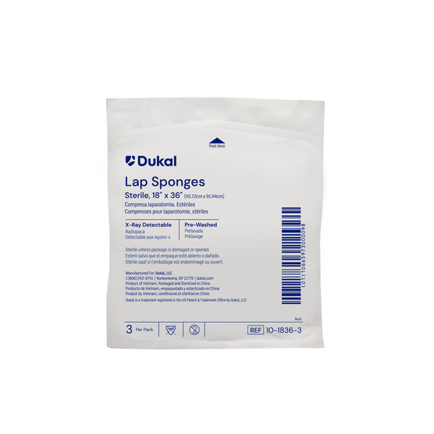 Dukal Sterile X-Ray Detectable Laparotomy Sponges, 18" x 36", 3/Pack, 20 PK/CS, Prewashed, Softpack