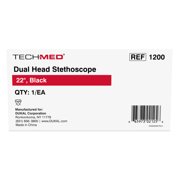 Dukal Stethoscope, Dual Head , 22", Black, Non-Sterile, 1/Box, 100 per Case, for Stethoscopes
