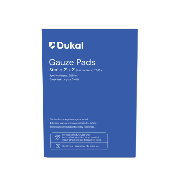 Dukal Sterile Gauze Pads, 12-Ply, 2" x 2", 1/Pack, 100 PK/BX, 24 BX/CS, 2400 per Case, for Gauzes