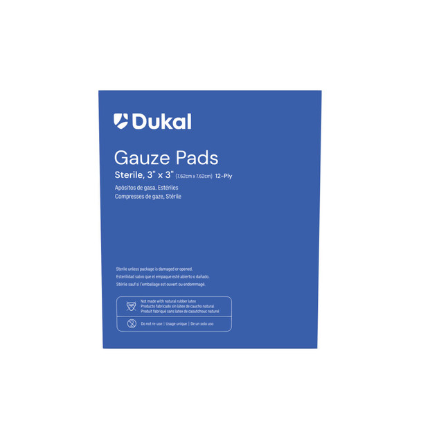 Dukal Sterile Gauze Pads, 12-Ply, 3" x 3", 1/Pack, 100 PK/BX, 24 BX/CS, 24 bx/cs (30 cs/plt)