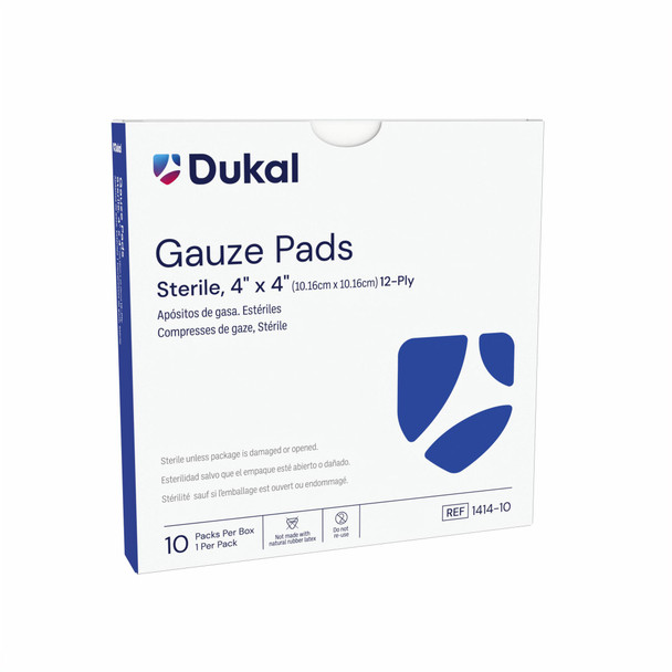 Dukal Sterile Gauze Pads, 12-Ply, 4" x 4", 1/Pack, 10/Box, 60 BX/CS, 10 pk/bx, 600 per Case