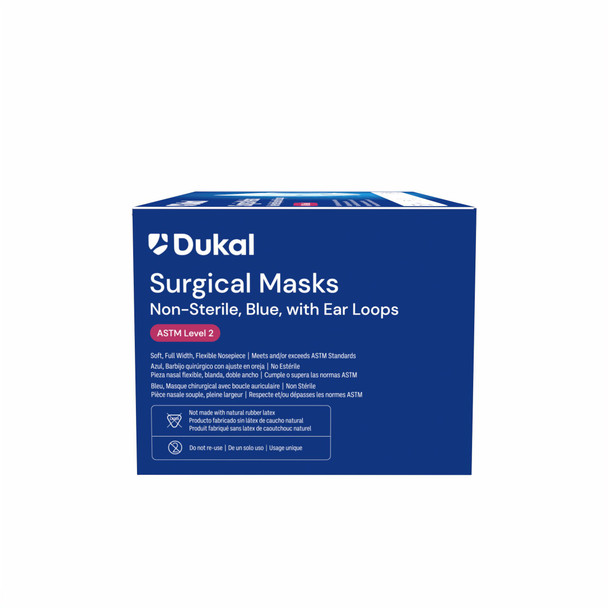 Dukal ASTM Level 2 Surgical Mask with Ear Loop, Blue, Non-Sterile, 50/Box, 12 BX/CS, Earloop