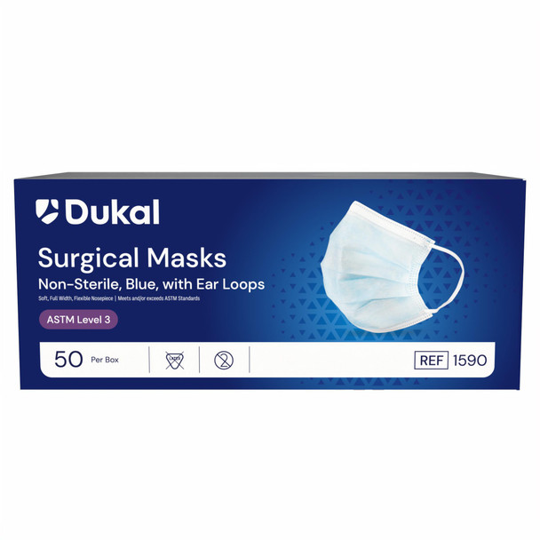 Dukal ASTM Level 3 Surgical Mask with Ear Loop, Blue, Non-Sterile, 50/Box, 12BX/CS, with Earloop