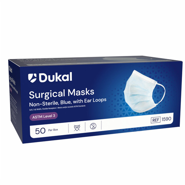Dukal ASTM Level 3 Surgical Mask with Ear Loop, Blue, Non-Sterile, 50/Box, 12BX/CS, with Earloop