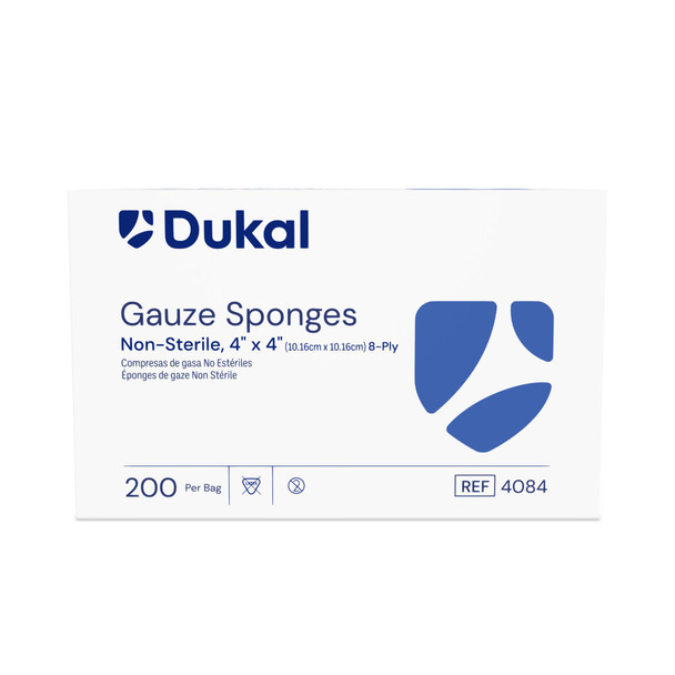 Dukal Gauze Sponges, 8-Ply, 4" x 4", Non-Sterile, 200/Bag, 20 BG/CS, 20 bg/cs (42 cs/plt), 4000 per Case
