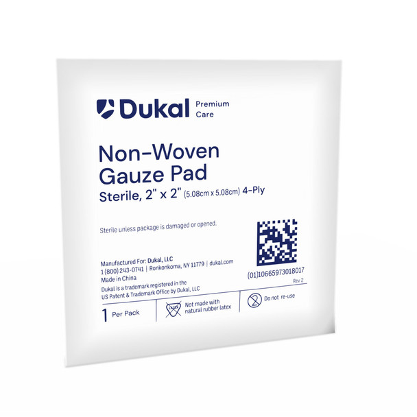 Dukal Sterile Non-Woven Gauze Pads, 4-Ply, 2" x 2", 1/Pack, 10 PK/BX, 36 BX/CS, 360 per Case