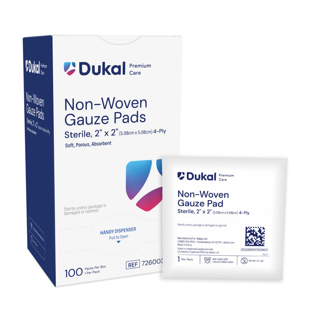 Dukal Sterile Non-Woven Gauze Pads, 4-Ply, 2" x 2", 1/Pack, 100 PK/BX, 12 BX/CS, 1200 per Case
