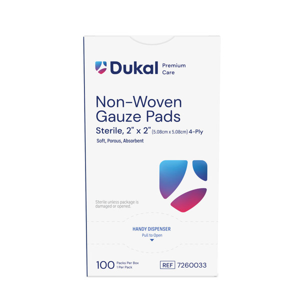 Dukal Sterile Non-Woven Gauze Pads, 4-Ply, 2" x 2", 1/Pack, 100 PK/BX, 12 BX/CS, 1200 per Case