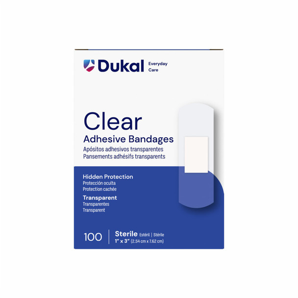 Dukal Sterile Clear Adhesive Bandages, 1" x 3", 100/Box, 24 BX/CS, Sheer, 2400 per Case, for Bandages