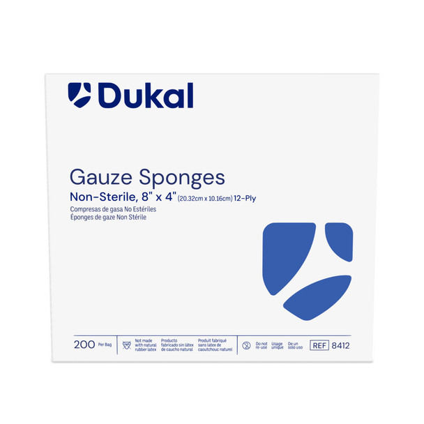 Dukal Gauze Sponges, 12-Ply, 8" x 4", Non-Sterile, 200/Bag, 10 BG/CS, 2000 per Case, for Gauzes
