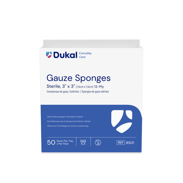 Dukal Everyday Care Gauze Sponges, 12-Ply, 3" x 3", Sterile, 2/Pack, 50 PK/BX, 24 BX/CS, 2400 per Case