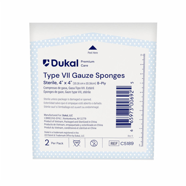 Dukal Premium Care Sterile Type VII Gauze Sponges, 8-Ply, 4" x 4", 2/Pack, 50 PK/BX, 12 BX/CS