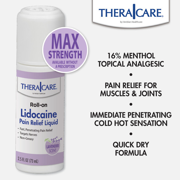Veridian TheraCare Lidocaine Pain Relief Roll-On Lavender Scent – MAXIMUM STRENGTH RELIEF 