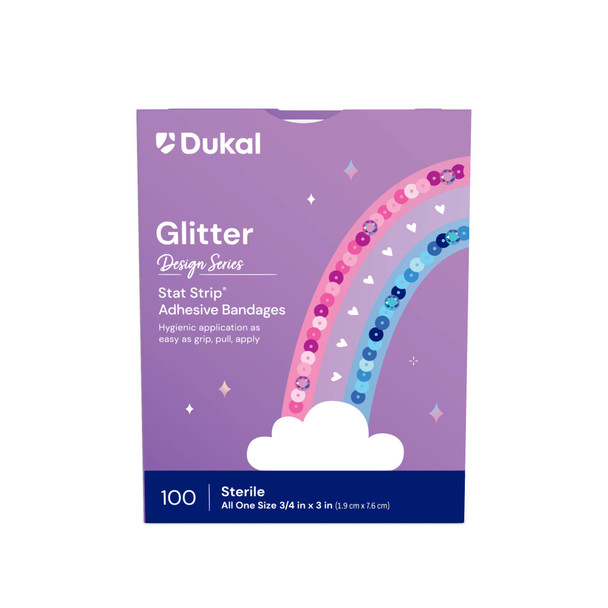 Dukal Design Series Glitter Adhesive Bandages 3/4" x 3" – Stat Strip Easy-Open, Sterile, Latex-Free, Pediatric, Family Care
