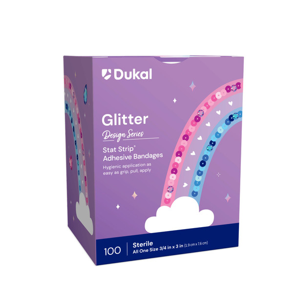Dukal Design Series Glitter Adhesive Bandages 3/4" x 3" – Stat Strip Easy-Open, Sterile, Latex-Free, Pediatric, Family Care
