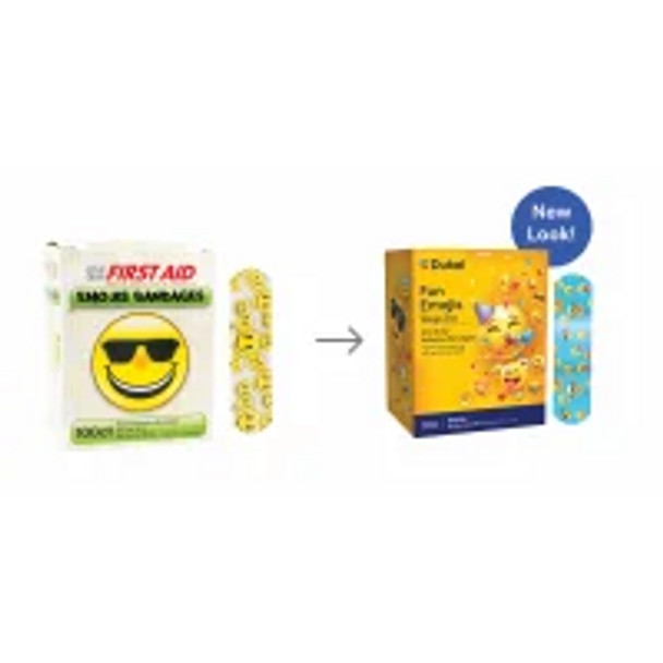 Dukal Design Series Fun Emojis Adhesive Bandages with Stat Strip Technology 3/4" x 3" – Sterile, Latex-Free, Kids