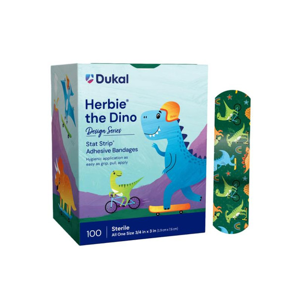 Dukal Design Series Herbie the Dino Adhesive Bandages with Stat Strip Technology 3/4" x 3" – Sterile, Latex-Free, Kids