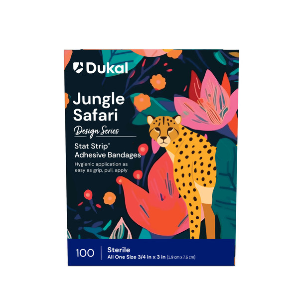 Dukal Design Series Jungle Safari Adhesive Bandages with Stat Strip Technology 3/4" x 3" – Sterile, Latex-Free, Animal Print