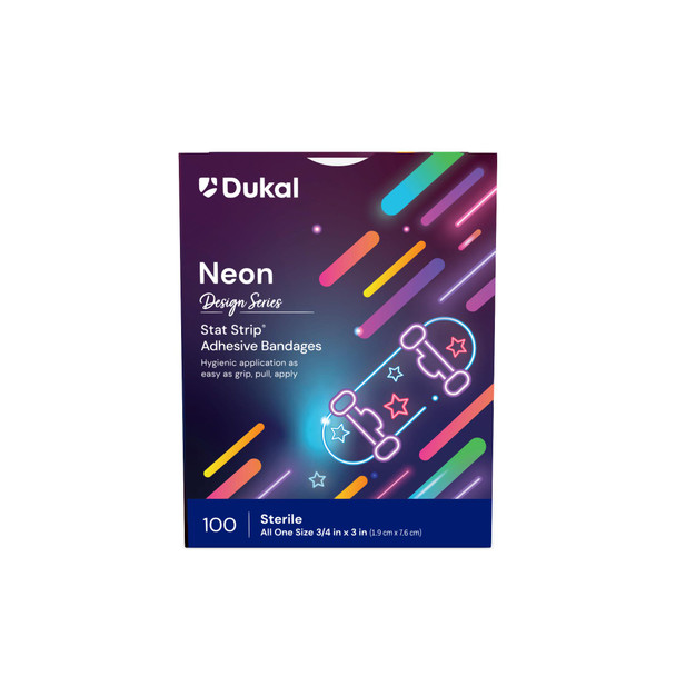 Dukal Design Series Neon Adhesive Bandages with Stat Strip Technology 3/4" x 3" – Sterile, Latex-Free, Neon Colors