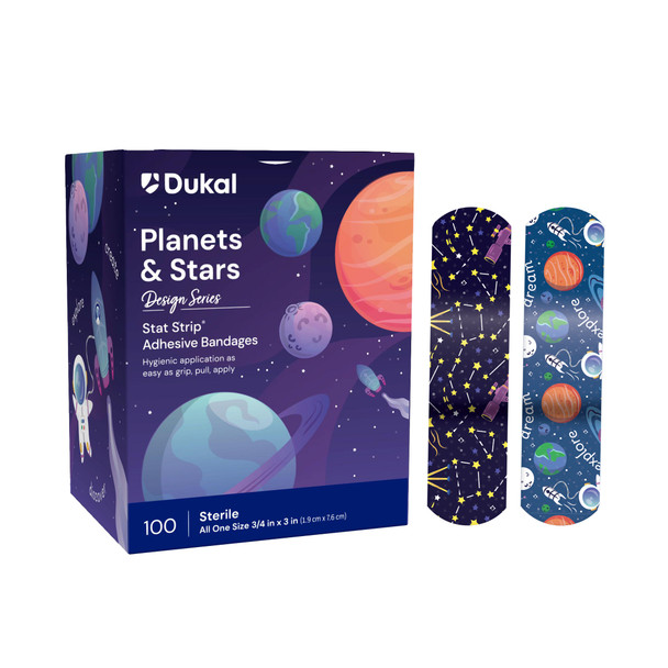 Dukal Design Series Planet and Stars Adhesive Bandages with Stat Strip Technology 3/4" x 3" – Sterile, Latex-Free, Space Print