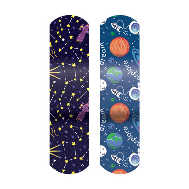 Dukal Design Series Planet and Stars Adhesive Bandages with Stat Strip Technology 3/4" x 3" – Sterile, Latex-Free, Space Print