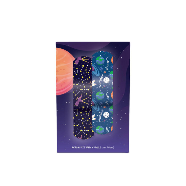 Dukal Design Series Planet and Stars Adhesive Bandages with Stat Strip Technology 3/4" x 3" – Sterile, Latex-Free, Space Print