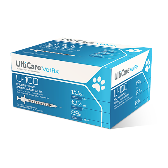 UltiCare VetRx U-100 Insulin Syringes – 1/2 mL, 12.7mm X 29G Needles for Pets, Silicone Lubrication