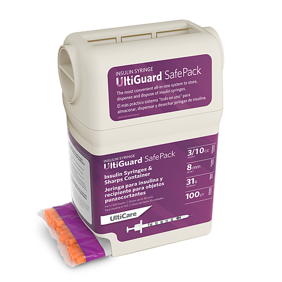 UltiGuard Safe Pack U-100 Insulin Syringes – 3/10 mL, 8mm X 31G, FDA-Cleared Sharps Container