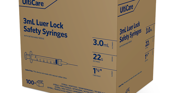 UltiCare Safety Syringes 3 mL – Luer Lock, Detachable Needle, 22G, 38.1mm, Micro Polished, Silicone