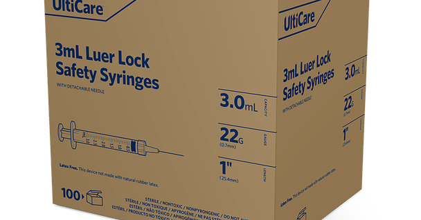 UltiCare Safety Syringes 3 mL 25.4mm X 22G – Locking Safety Shield, Micro Polished Needle
